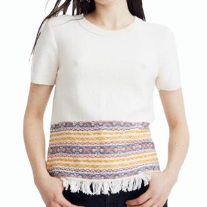 Madewell Fringed Jacquard Short Sleeves Sweater Tee Pearl Ivory Size XS